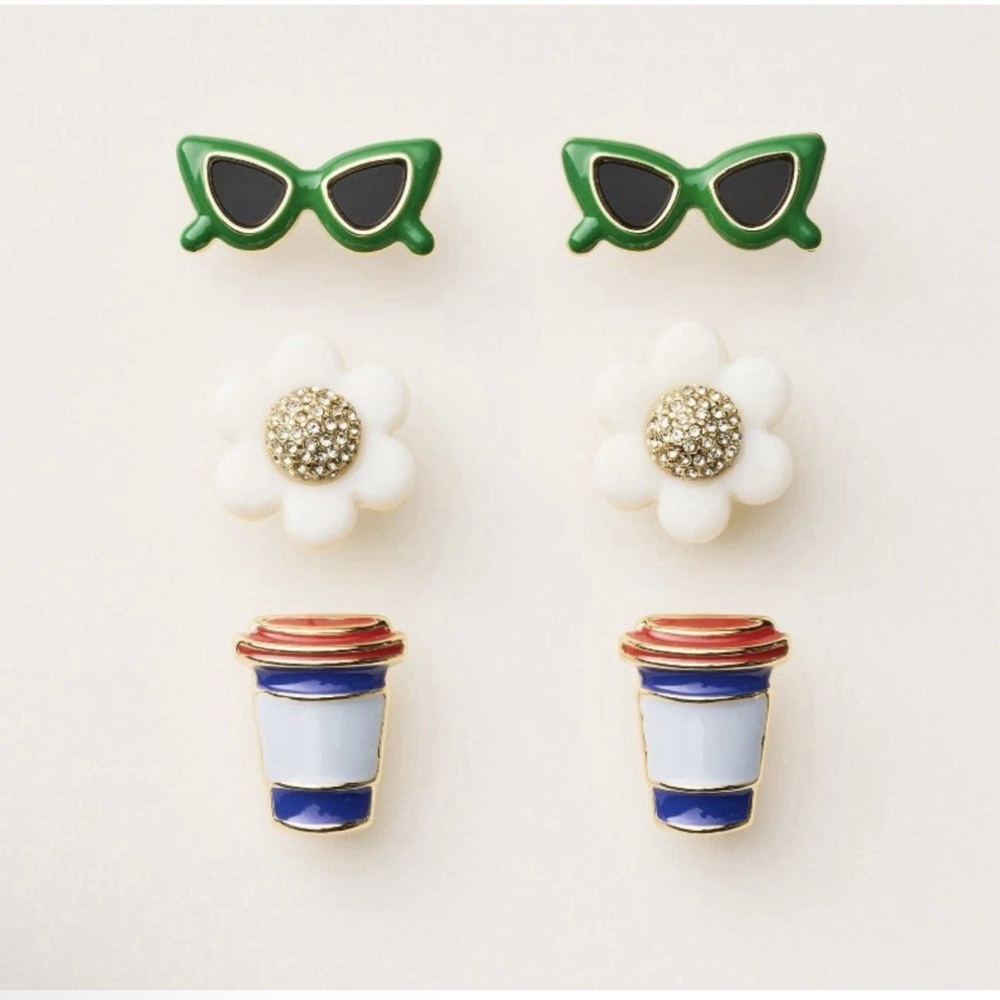 Kate Spade x Target Stud Earrings Set Sunglasses Flowers Coffee Cups 3 Pairs NEW